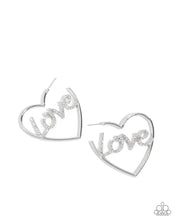 Load image into Gallery viewer, Lovely Cadence - White Rhinestone LOVE Heart Hoop Silver Earrings - Paparazzi - Life of the Party December 2025