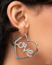 Load image into Gallery viewer, Lovely Cadence - White Rhinestone LOVE Heart Hoop Silver Earrings - Paparazzi - Life of the Party December 2025