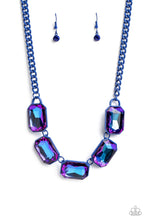 Load image into Gallery viewer, EMERALD CITY COUTURE - BLUE CHAIN PURPLE UV SHIMMER GEM SHORT NECKLACE - PAPARAZZI - LIFE OF THE PARTY JUNE 2023