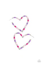Load image into Gallery viewer, STRIPED SWEETHEARTS - PINK AND SILVER HEART HOOP EARRINGS - PAPARAZZI