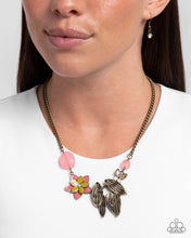 Load image into Gallery viewer, Standing Shimmer - Brass Leaf Pink Yellow Flower Short Necklace - Paparazzi
