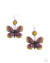 Load image into Gallery viewer, Fluttering Feature - Pink Orange Yellow Rhinestone Silver Butterfly Earrings