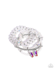Load image into Gallery viewer, Aerial Abundance - White Iridescent Butterfly Silver Bead Stretchy Bracelet Stack