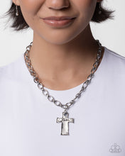 Load image into Gallery viewer, Faithful Flair - White Rhinestone Silver FAITH Cross Short Necklace - Paparazzi