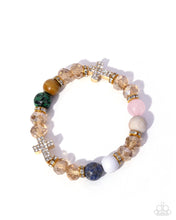 Load image into Gallery viewer, Celestial Crush - Multi Color Stone Gold Rhinestone Cross Stretchy Bracelet - Paparazzi