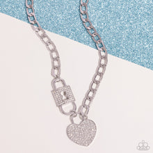 Load image into Gallery viewer, Lock Up Your Love - White Rhinestone Silvert Heart Lock Chain Short Necklace - Paparazzi - Life of the Party June 2024
