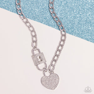 Lock Up Your Love - White Rhinestone Silvert Heart Lock Chain Short Necklace - Paparazzi - Life of the Party June 2024
