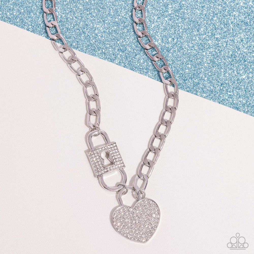 Lock Up Your Love - White Rhinestone Silvert Heart Lock Chain Short Necklace - Paparazzi - Life of the Party June 2024