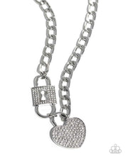 Load image into Gallery viewer, Lock Up Your Love - White Rhinestone Silvert Heart Lock Chain Short Necklace - Paparazzi - Life of the Party June 2024
