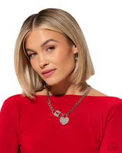 Load image into Gallery viewer, Lock Up Your Love - White Rhinestone Silvert Heart Lock Chain Short Necklace - Paparazzi - Life of the Party June 2024
