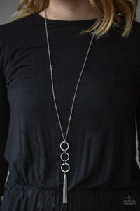 Diva In Diamonds - White Rhinestone Silver Circle Tassel Pendant Necklace