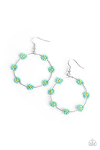 Load image into Gallery viewer, DAINTY DAISIES - BLUE AND YELLOW SEED BEAD FLOWER SILVER CIRCLE EARRINGS - PAPARAZZI
