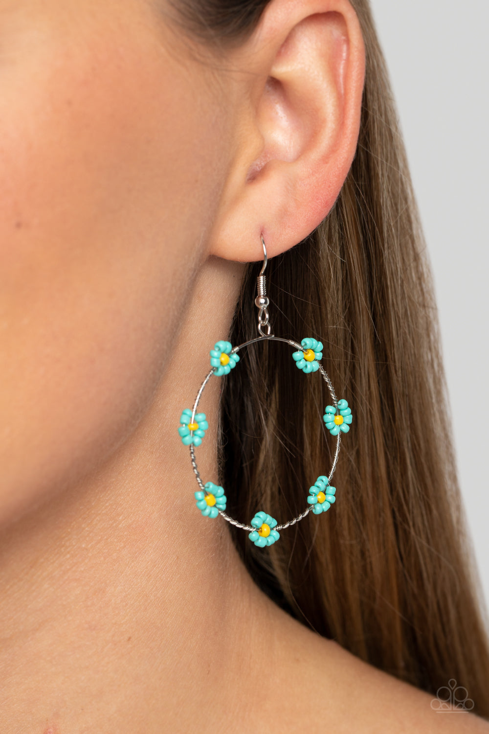 DAINTY DAISIES - BLUE AND YELLOW SEED BEAD FLOWER SILVER CIRCLE EARRINGS - PAPARAZZI