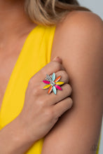 Load image into Gallery viewer, LILY LEI - MULTI COLOR PETAL WHITE GEM CENTER SILVER FLOWER RING - PAPARAZZI - LIFE OF THE PARTY JUNE 2023
