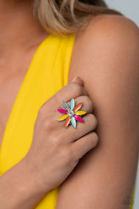LILY LEI - MULTI COLOR PETAL WHITE GEM CENTER SILVER FLOWER RING - PAPARAZZI - LIFE OF THE PARTY JUNE 2023