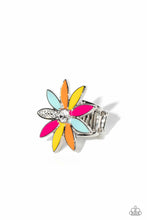 Load image into Gallery viewer, LILY LEI - MULTI COLOR PETAL WHITE GEM CENTER SILVER FLOWER RING - PAPARAZZI - LIFE OF THE PARTY JUNE 2023
