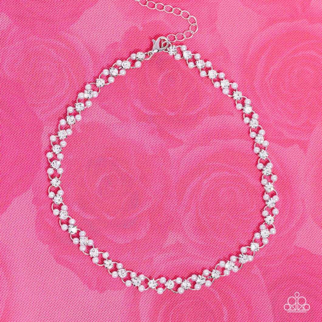 CLASSY COUTURE - WHITE PEARL AND GEM SILVER CHOKER NECKLACE - PAPARAZZI - LIFE OF THE PARTY JUNE 2023