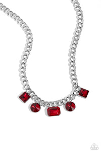 ALTERNATING AUDACITY - RED GEM SILVER CHUNKY CHAIN SHORT NECKLACE - PAPARAZZI