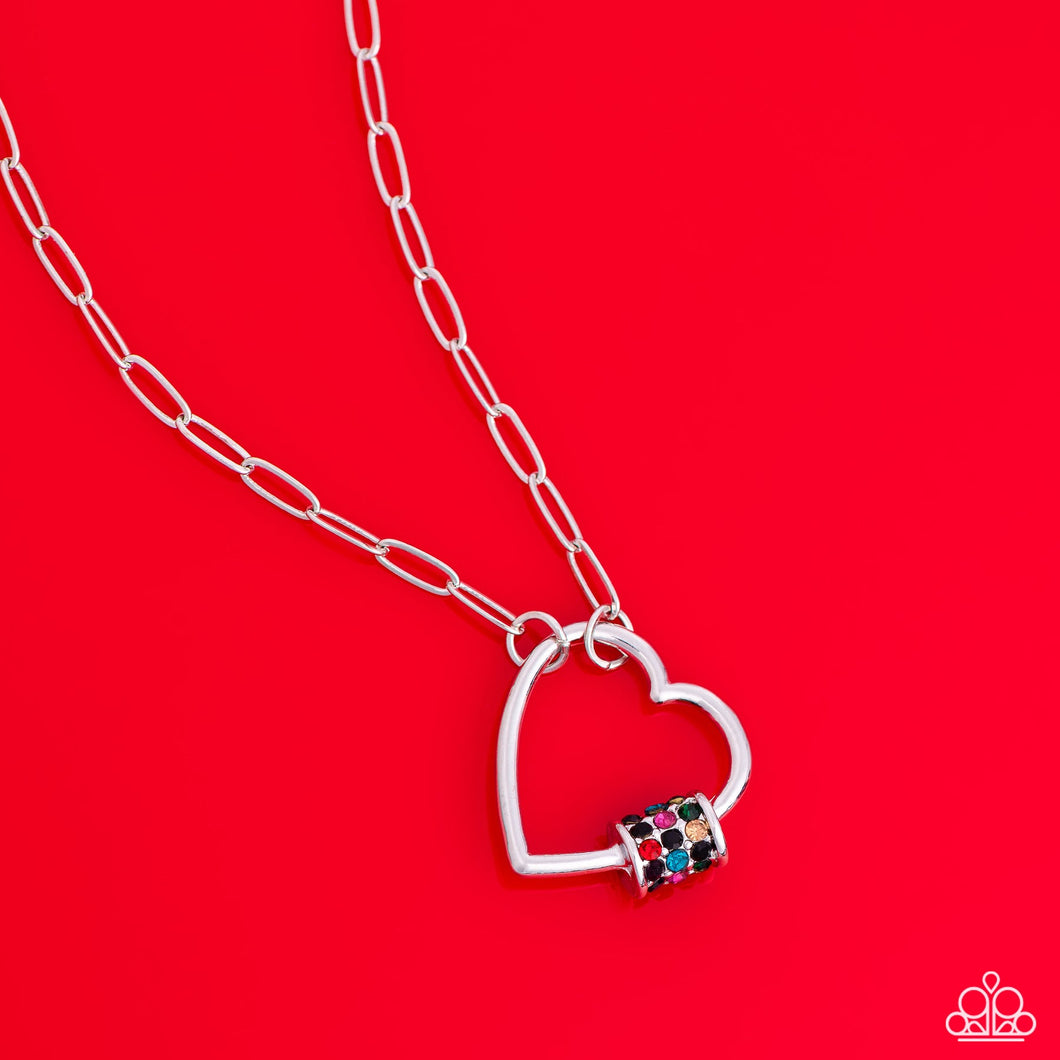 AFFECTIONATE ATTITUDE - BLACK AND MULTI COLOR RHINESTONE SILVER HEART PAPERCLIP CHAIN SHORT NECKLACE - PAPARAZZI