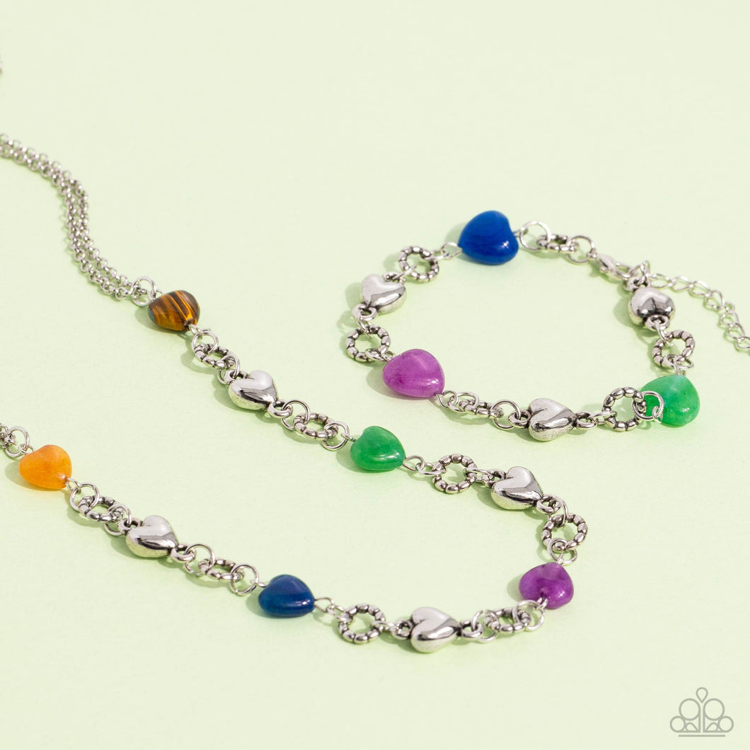 MY HEARTBEAT WILL GO ON/ Can Feel Your Heartbeat- MULTI COLOR STONE HEART SILVER SHORT NECKLACE & BRACELET SET