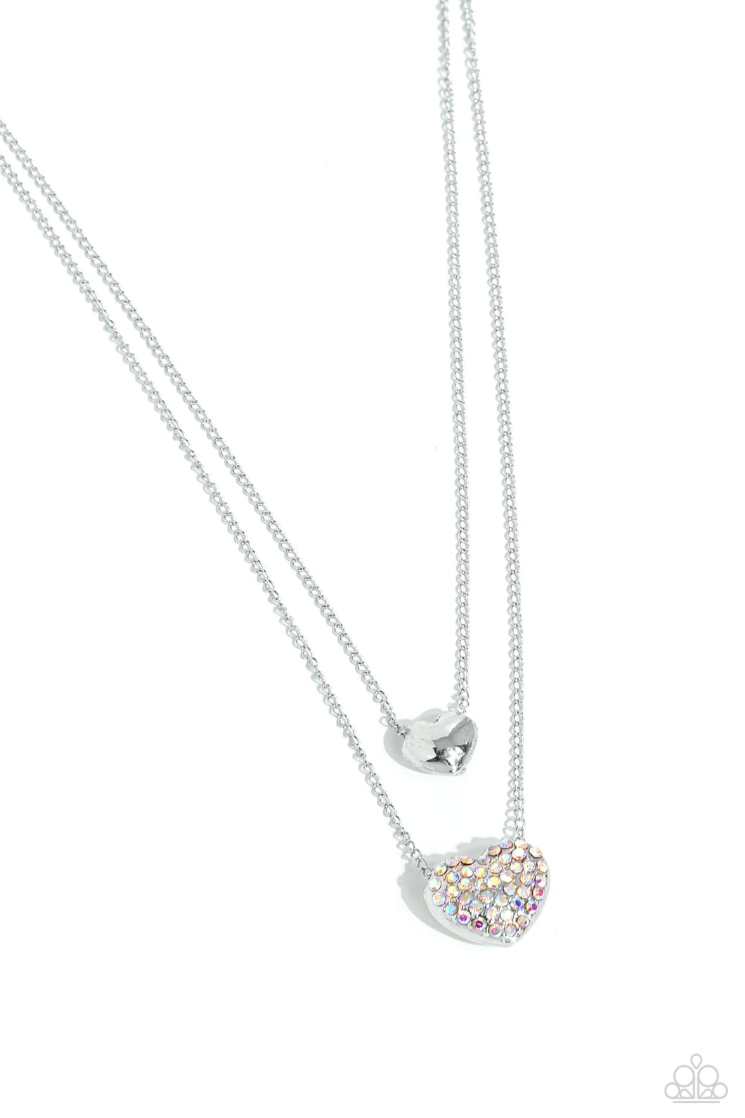 MISMATCHED MODEL - MULTI IRIDESCENT HEART SILVER LAYERED NECKLACE