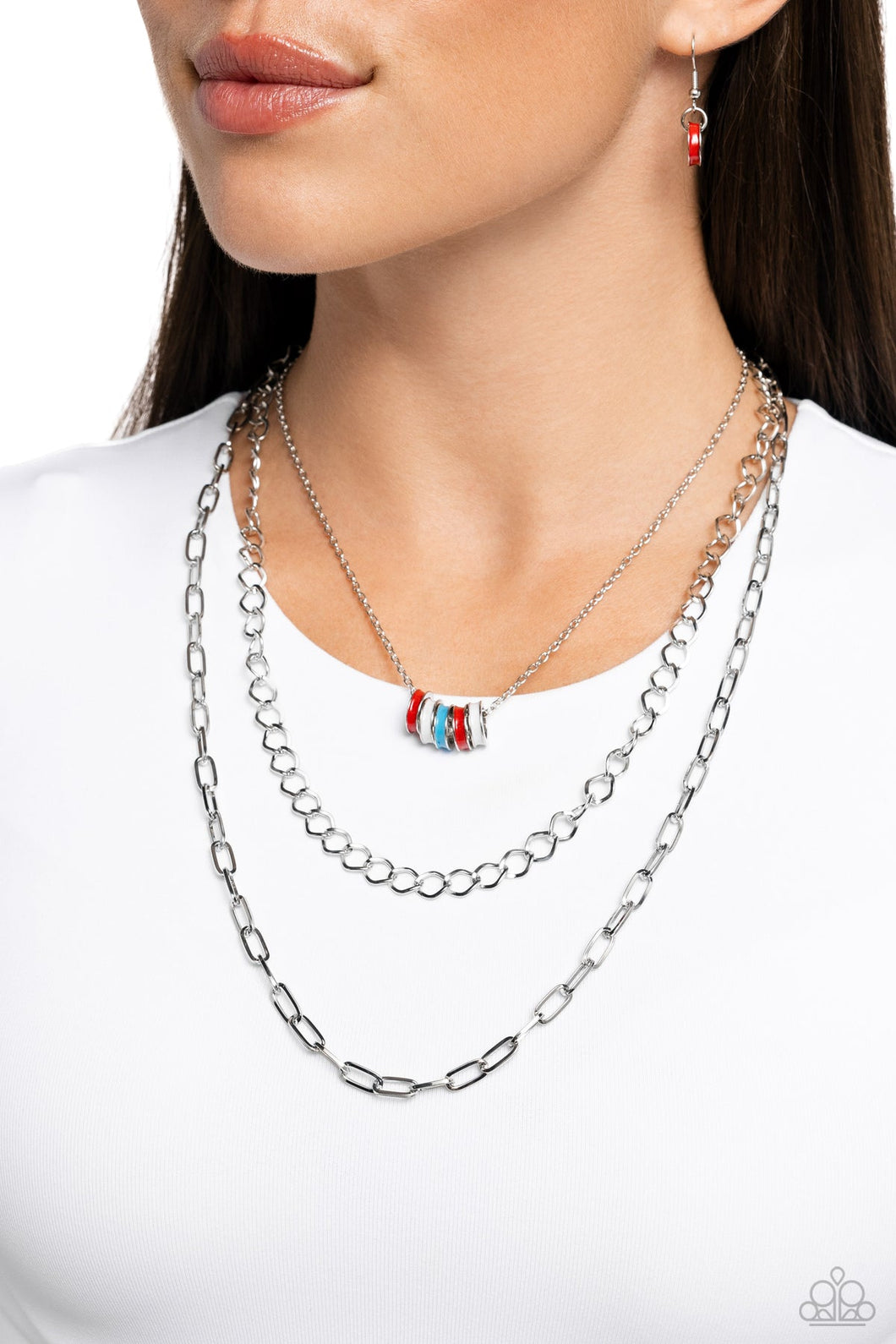 Colorful Cadet - Red White and Blue Silver Layered Short Necklace