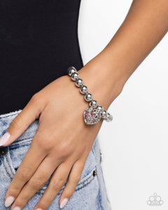 Fleeting Filigree - Pink Iridescent Rhinestone Heart Silver Stretchy Bracelet