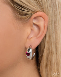 Perfect Point - Pink Rhinestone Heart Silver Small Hoop Earrings