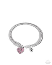 Load image into Gallery viewer, Heart Hour - Pink Rhinestone Heart Silver Hoop Bracelet
