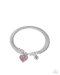 Heart Hour - Pink Rhinestone Heart Silver Hoop Bracelet