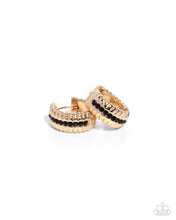 Load image into Gallery viewer, Serrated Shimmer - Gold Black Rhinestone Hinge Hoop Earrings
