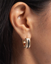 Load image into Gallery viewer, Serrated Shimmer - Gold Black Rhinestone Hinge Hoop Earrings
