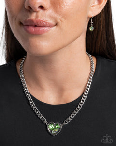 Tasteful Triad - Green Iridescent Gem Silver Heart Short Necklace