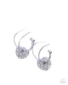 Valentines Valor - White Rhinestone Heart Silver Hoop Earrings