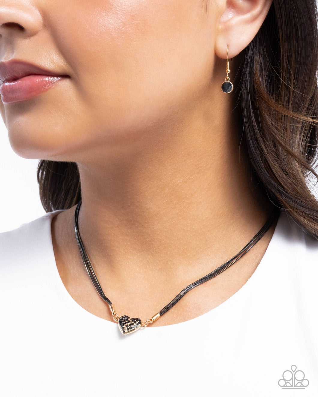 Heartbroken Bling - Black Rhinestone Gold Magnetic Heart Short Necklace
