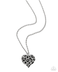 Cheetah Compound - Black and White Rhinestone Silver Heart Short Necklace