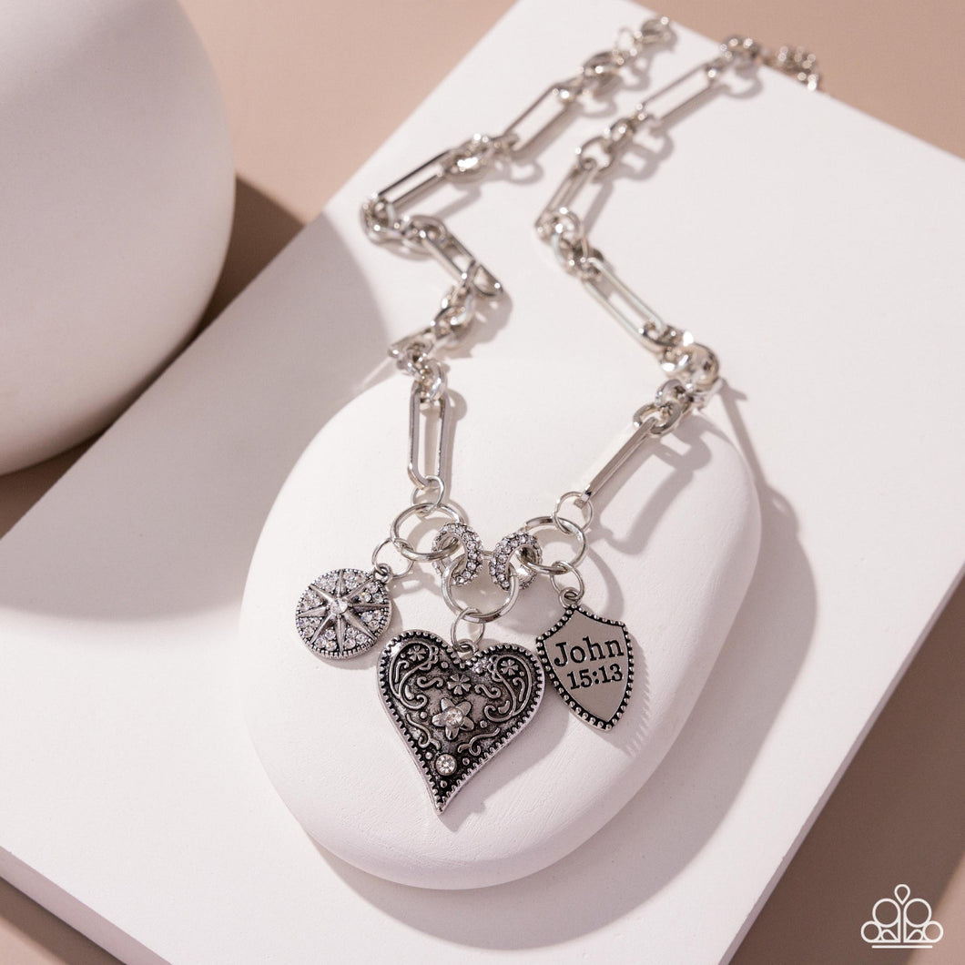 Greater Love - White Heart John Affirmation Silver Short Necklace