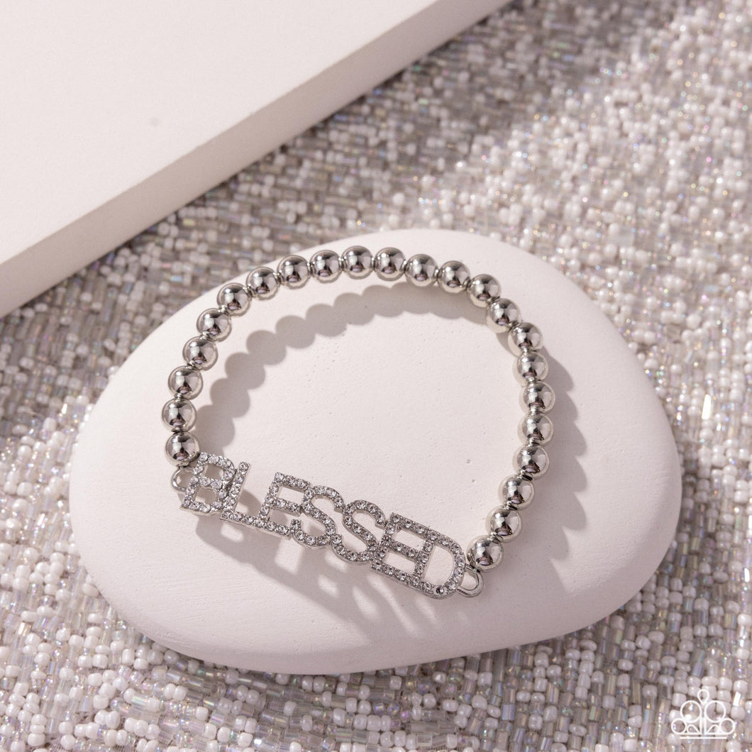 Blessed Bounty - White Rhinestone Affirmation Silver Stretchy Bracelet