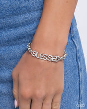 Load image into Gallery viewer, Blessed Bounty - White Rhinestone Affirmation Silver Stretchy Bracelet
