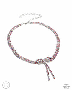 Buckingham Bow - Pink Iridescent Rhinestone Silver Short Necklace - Paparazzi - Life of the Party February 2025