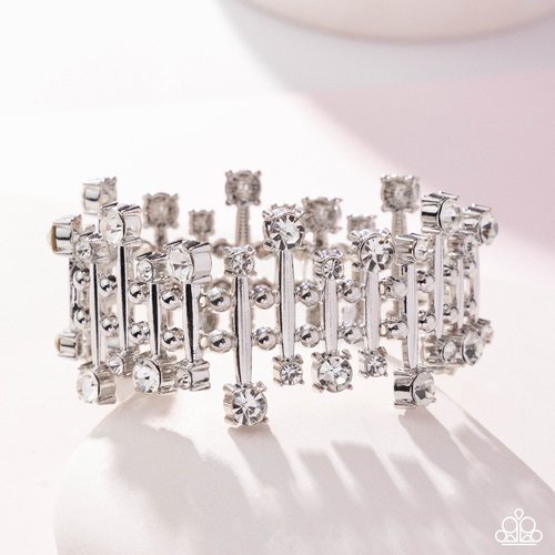 Misunderstanding Mayhem - White Rhinestone Silver Bar Stretchy Bracelet - 2025 EMP Exclusive Week 2