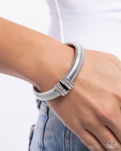 Load image into Gallery viewer, Tailored Transit - White Rhinestone Silver Flexi Cuff Bracelet
