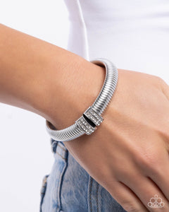 Tailored Transit - White Rhinestone Silver Flexi Cuff Bracelet