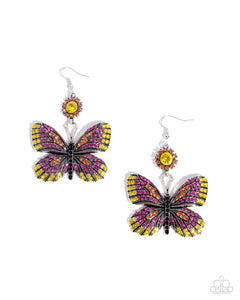 Fluttering Feature - Pink Orange Yellow Rhinestone Silver Butterfly Earrings