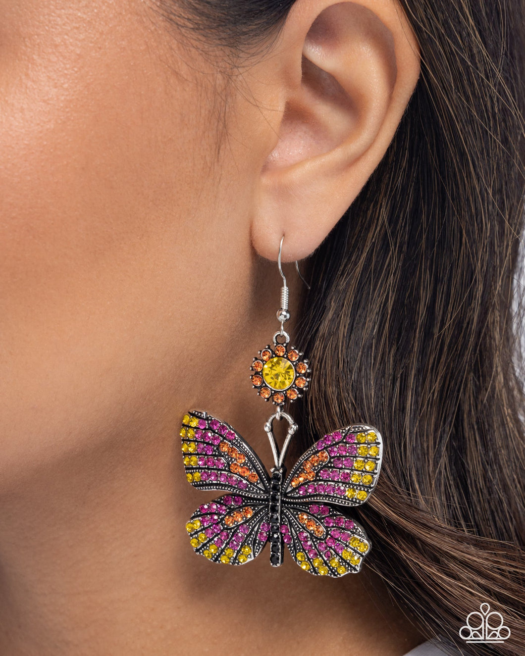 Fluttering Feature - Pink Orange Yellow Rhinestone Silver Butterfly Earrings