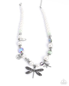 Dragonfly Delight - Multi Iridescent Bead White Pearl Silver Dragonfly Short Necklace - EMP 2025 Week 1 Exclusive