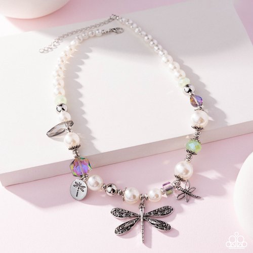 Dragonfly Delight - Multi Iridescent Bead White Pearl Silver Dragonfly Short Necklace - EMP 2025 Week 1 Exclusive