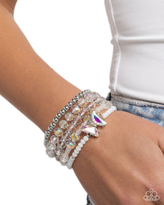 Aerial Abundance - White Iridescent Butterfly Silver Bead Stretchy Bracelet Stack