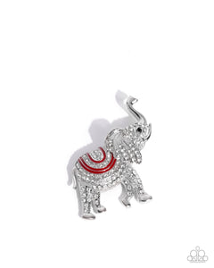 Elephant Embrace - Red and White Rhinestone Silver Brooch