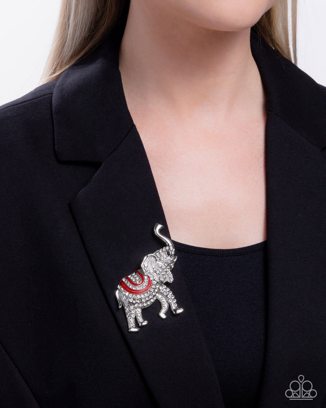 Elephant Embrace - Red and White Rhinestone Silver Brooch